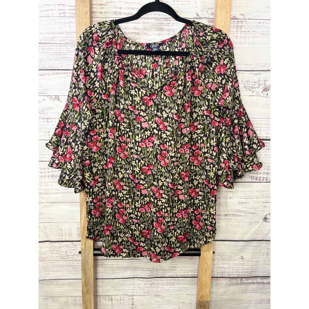 Chaps Womens Small Floral Ruffle Bell Sleeve Keyhole Blouse Black Pink